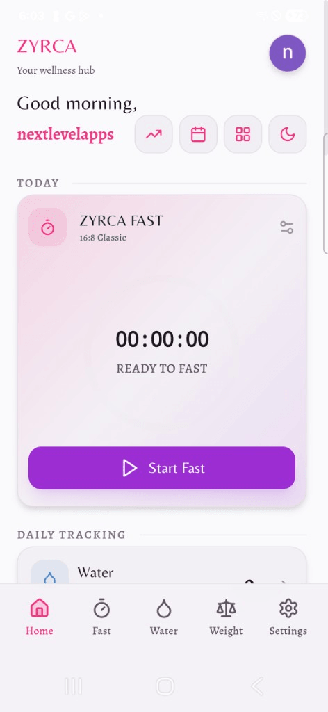 ZYRCA intermittent fasting tracker dashboard with fasting timer, water tracker, and wellness progress